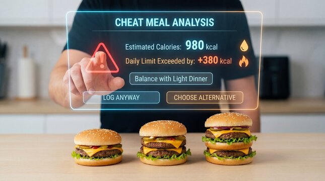 Man interacting with holographic calorie counter warning about a high-calorie cheat meal of three hamburgers