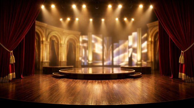 Theatre stage spotlight circular platform on wooden floor