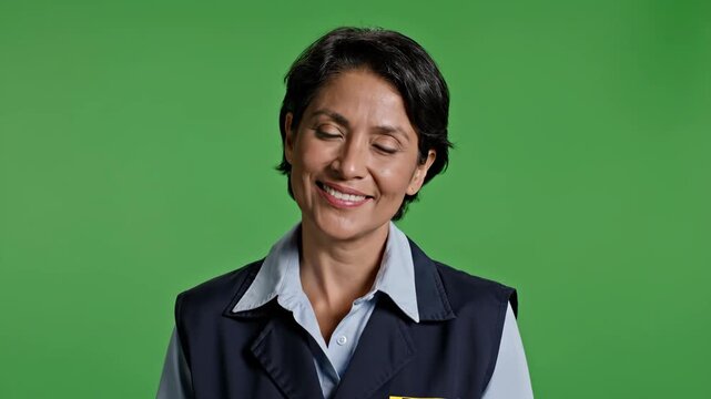 Confident professional woman smiling against green background