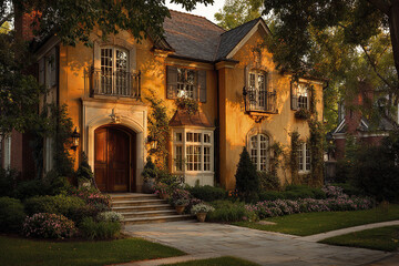 Fototapeta premium Elegant suburban residence with warm evening light casting soft shadows on yellow stucco walls, surrounded by lush greenery and blooming flowers, creating peaceful atmosphere