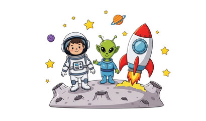 Cute astronaut and friendly alien illustration with rocket on moon for kids space exploration and cosmic adventure © MstRuna