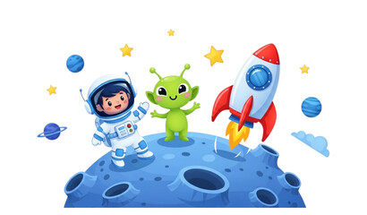 Playful space illustration with cute astronaut friendly alien and rocket on moon for kids cosmic exploration © MstRuna