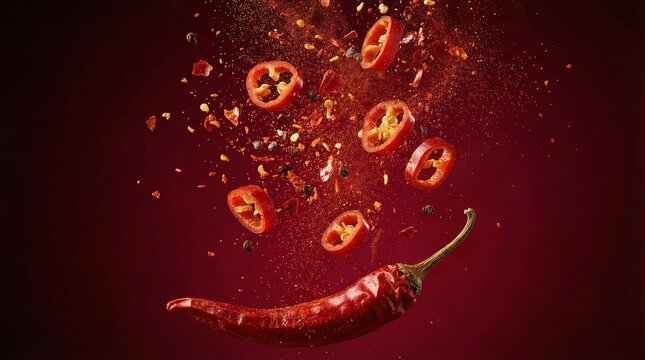 Dynamic red chili pepper and sliced pieces falling with spice particles.