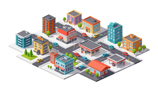 Colorful 3D isometric small town city block illustration with shops apartments streets and trees for urban design