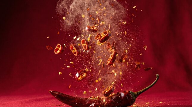 Dynamic shot of chili pepper with flying flakes and smoke.