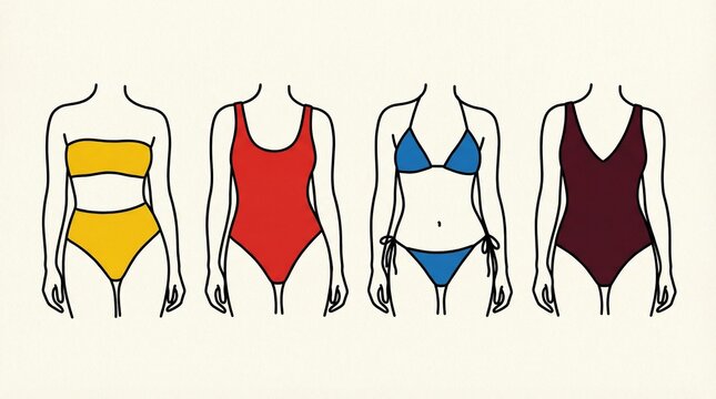 Four stylized figures in swimsuits: yellow bikini, red one-piece, blue string bikini, maroon one-piece, minimalist fashion illustration style.