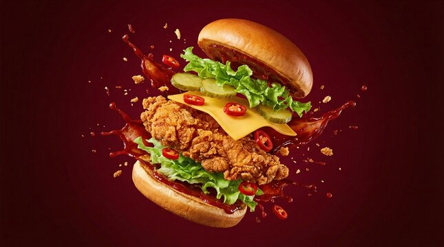Exploding crispy chicken sandwich with fresh lettuce pickles cheese and chili peppers.