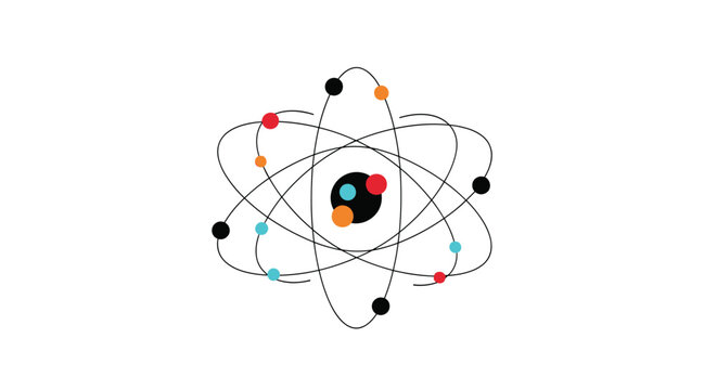Colorful atomic model showing various orbiting particles around a central nucleus representing basic chemistry and physics facts.