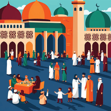 People in traditional Islamic clothing gathered.
