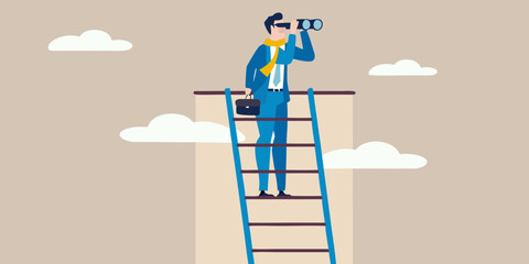 Businessman stands on a ladder looking through binoculars at the future © Dayal