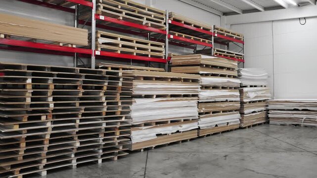 Industrial warehouse with stacked wooden panels and sheet materials on pallets representing storage logistics supply chain and manufacturing industry.