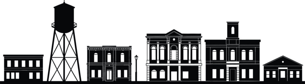 Main street silhouette featuring historic buildings storefronts a water tower and street lamp isolated on white background for small town concept