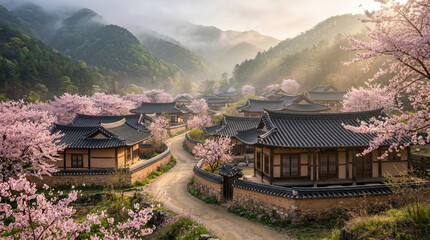Fototapeta premium Serene Korean Traditional Hanok Village at Misty Sunrise with Cherry Blossoms and Mountains