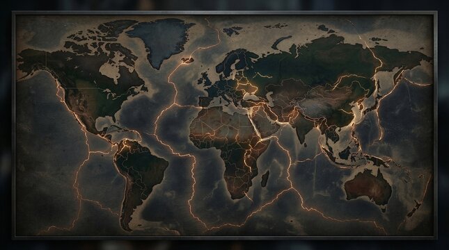 Global map illustrating tectonic plate boundaries with glowing fault lines indicating seismic activity and geological stress