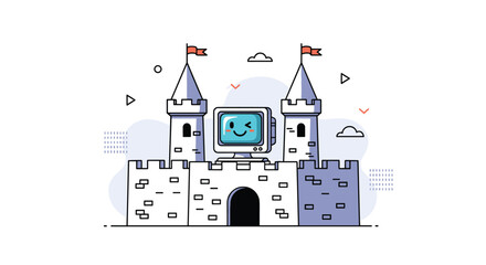 Fototapeta premium Digital security concept featuring a cute computer monitor character with a wink sitting atop a white castle fortress.