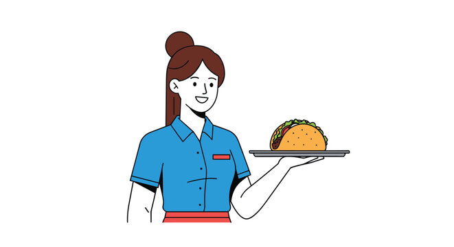 Cheerful waitress in a blue uniform smiling while serving a fresh taco with meat and vegetables on a serving tray.