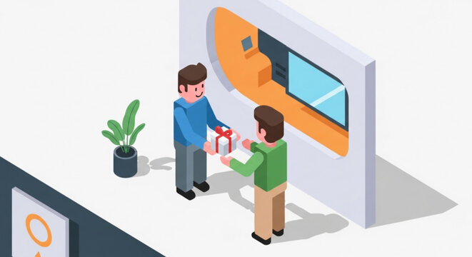 Two businessmen exchanging documents in modern office setting with plant