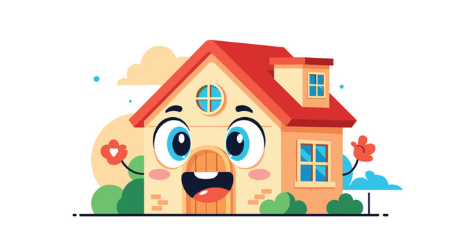 Happy cartoon house character with big blue eyes and a wide friendly smile waving its hands in a sunny garden setting.
