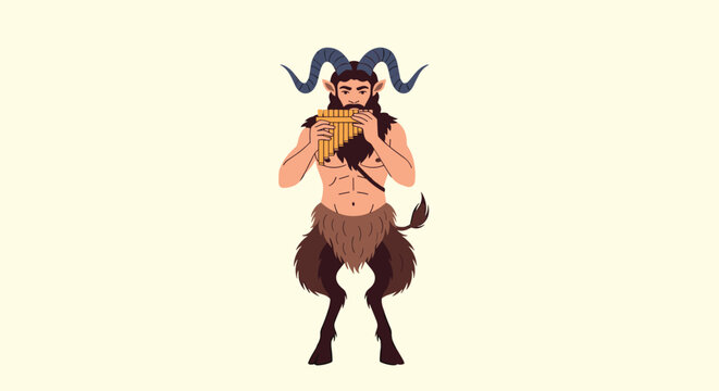 Mythological satyr character with goat legs and horns playing a wooden pan flute against a plain cream background.