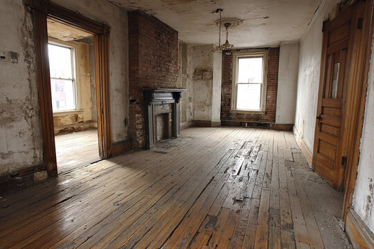 Old empty room with worn wooden floor and brick fireplace showing signs of decay and neglect, natural light coming through windows creates somber atmosphere in this abandoned interior