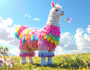 Naklejka premium Vibrant Llama Pinata in a Sunny Meadow with Butterflies.