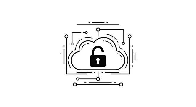 Conceptual line art of a cloud with an open padlock and circuit patterns symbolizing advanced network data security.