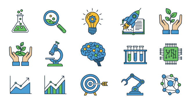 Science, technology, and innovation icons: Brain, rocket, plant, microscope, circuit board