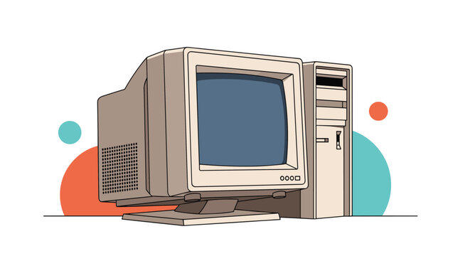 Retro illustration of an old desktop computer monitor and tower unit from the nineties against colorful background circles.