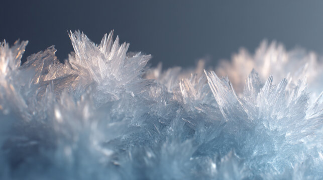 A close-up view of crystalline structures on a frosty surface with a dark background