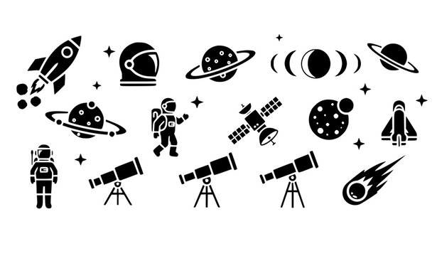 Modern space and astronomy icons rocket astronaut planet satellite cosmic vector isolated on white