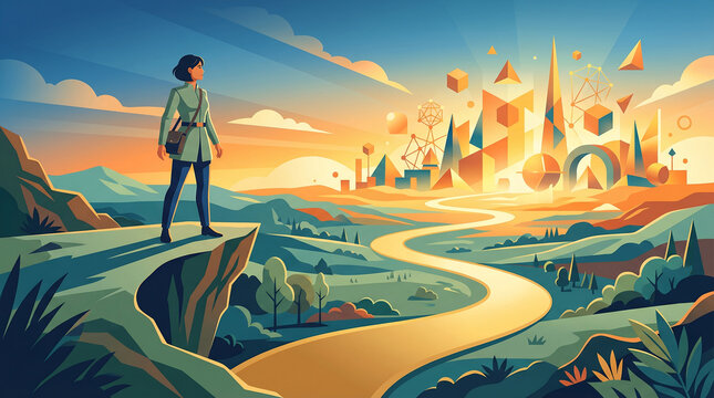 Adventurous woman on cliff edge, looking towards futuristic geometric city at sunrise, vision of progress and exploration, colorful landscape, digital illustration