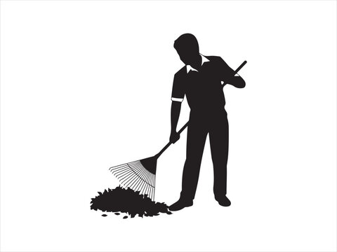 Silhouette of a farmer raking leaves in a field vector isolated on white background