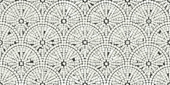 Intricate mosaic pattern featuring repeating arched shapes in neutral tones