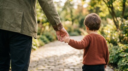 Father and child holding hands on walkway