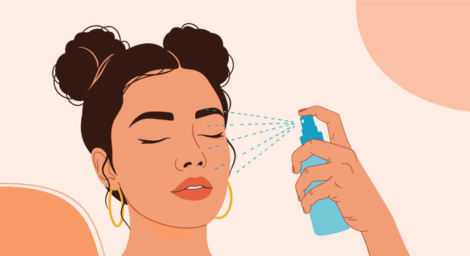Young woman closing her eyes while spraying a refreshing facial mist on her skin for a daily skincare treatment and hydration.