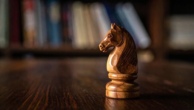 Wooden Chess Knight Piece on a Dark Table with Blurred Books in the Background.