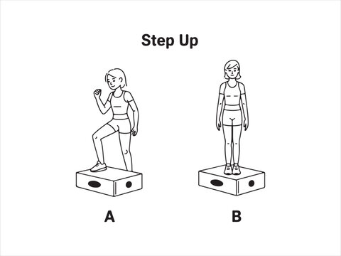 Step up exercise guide illustration vector fitness workout steps woman training isolated on white background