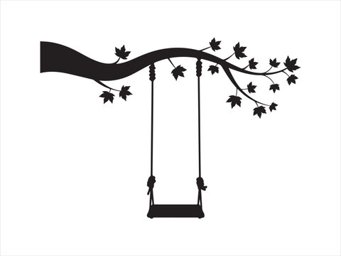 Tree Swing Silhouette Vector, Hanging Swing on Branch with Leaves Nature Childhood Concept Isolated on White Background