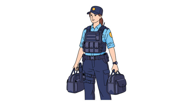Police officer woman in full tactical uniform and protective vest carrying two equipment bags while walking forward on a white background.