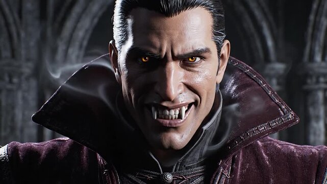 A menacing malevolent creature with glowing eyes and sharp fangs, dressed in dark aristocratic attire, with a hint of mist surrounding its face