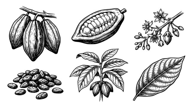 Vector illustration of various cacao plant parts and fruit