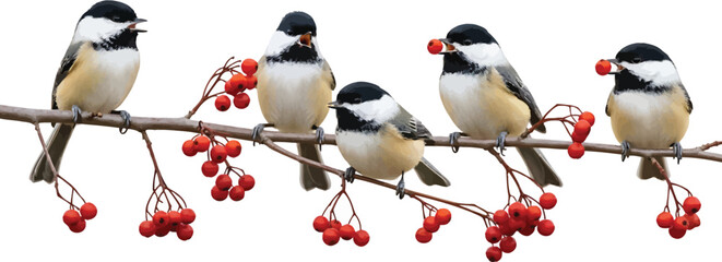 Black-capped Chickadee Birds Perched on Red Berry Branch Isolated on White © King