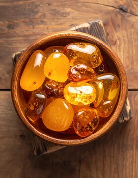 Polished Amber Stones in Wooden Bowl on Rustic Table.