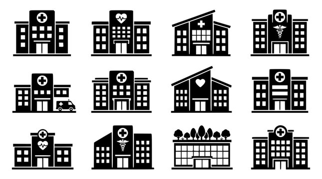Black and white vector hospital building icons set