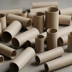 Fototapeta premium Scattered array of cardboard tubes, cylindrical shapes on neutral surface