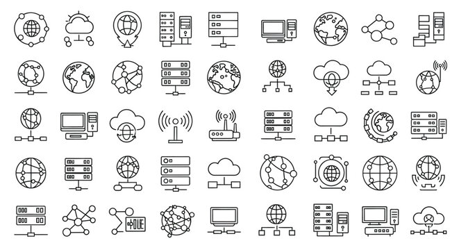 Collection of network server and cloud computing related line icons
