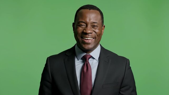 Smiling African American businessman in formal suit against green background