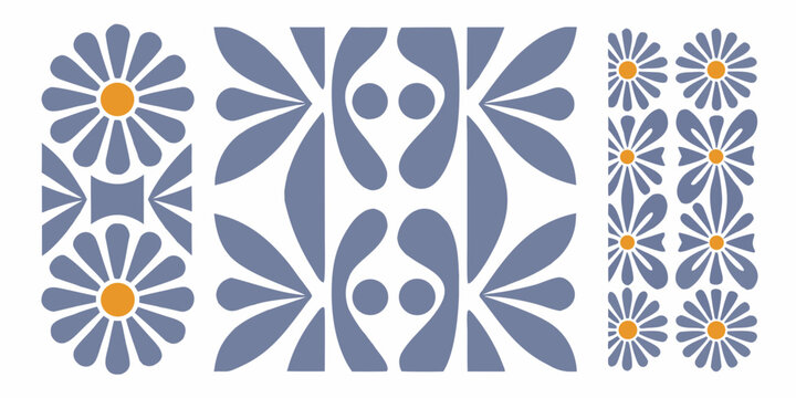 Stylized floral pattern with blue and gold elements in symmetrical arrangement