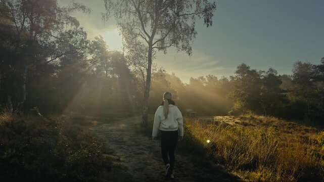 Blonde woman walks along a wide sandy path toward magical sun rays shining through trees. Soft golden morning light creates a peaceful, cinematic nature scene