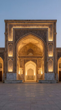 Beautifully illuminated iwan entrance of a historic mosque in Bukhara, Uzbekistan, showcasing intricate Islamic architectural carvings and geometric patterns at dusk